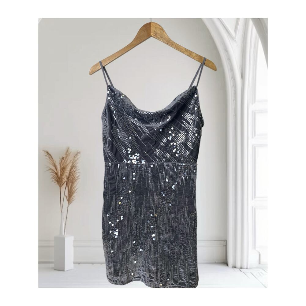Lane 201 Gray Sequin Spaghetti Strap Mini Cocktail Party Dress Women's Medium